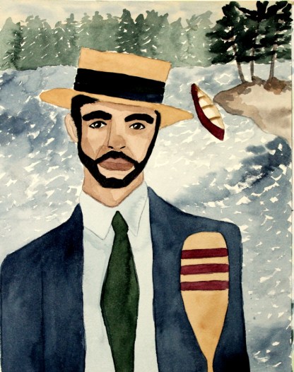 Watercolor Painting of a Man in a Boater Hat with a Canoe