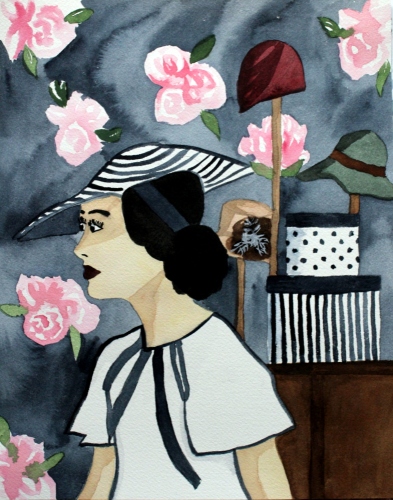 The Milliner by Cindy Adelle Richard a woman dressed in vintage clothes and a hat with a hat shop as a backdrop