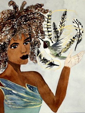 The Dream Maker by Cindy Adelle Richard An African American Woman with floating feathers and a hummingbird