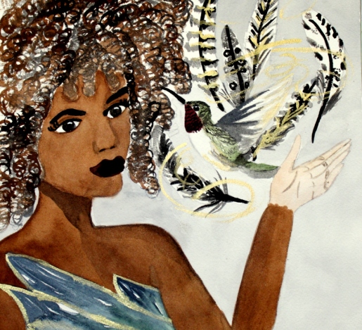 The Dream Maker by Cindy Adelle Richard An African American Woman with floating feathers and a hummingbird